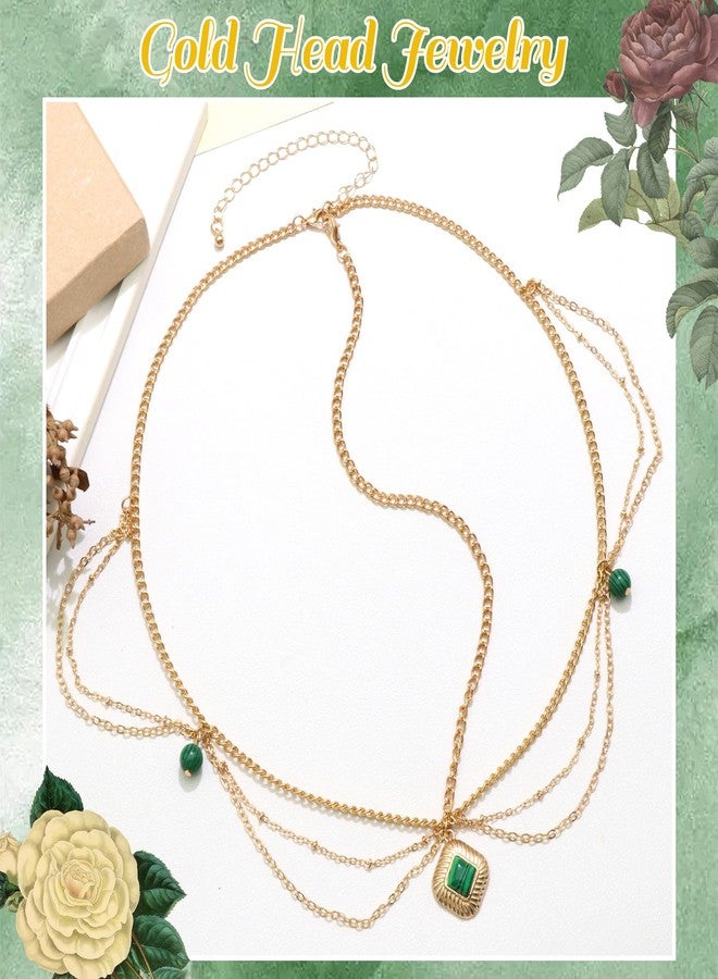 VENOFEN Head Chain Gold Headpiece Imitation Emerald Beads Forehead Jewelry for Women Boho Style Multi-Layered Chain Head Jewelry Festival Hair Decoration Accessories - Image 2